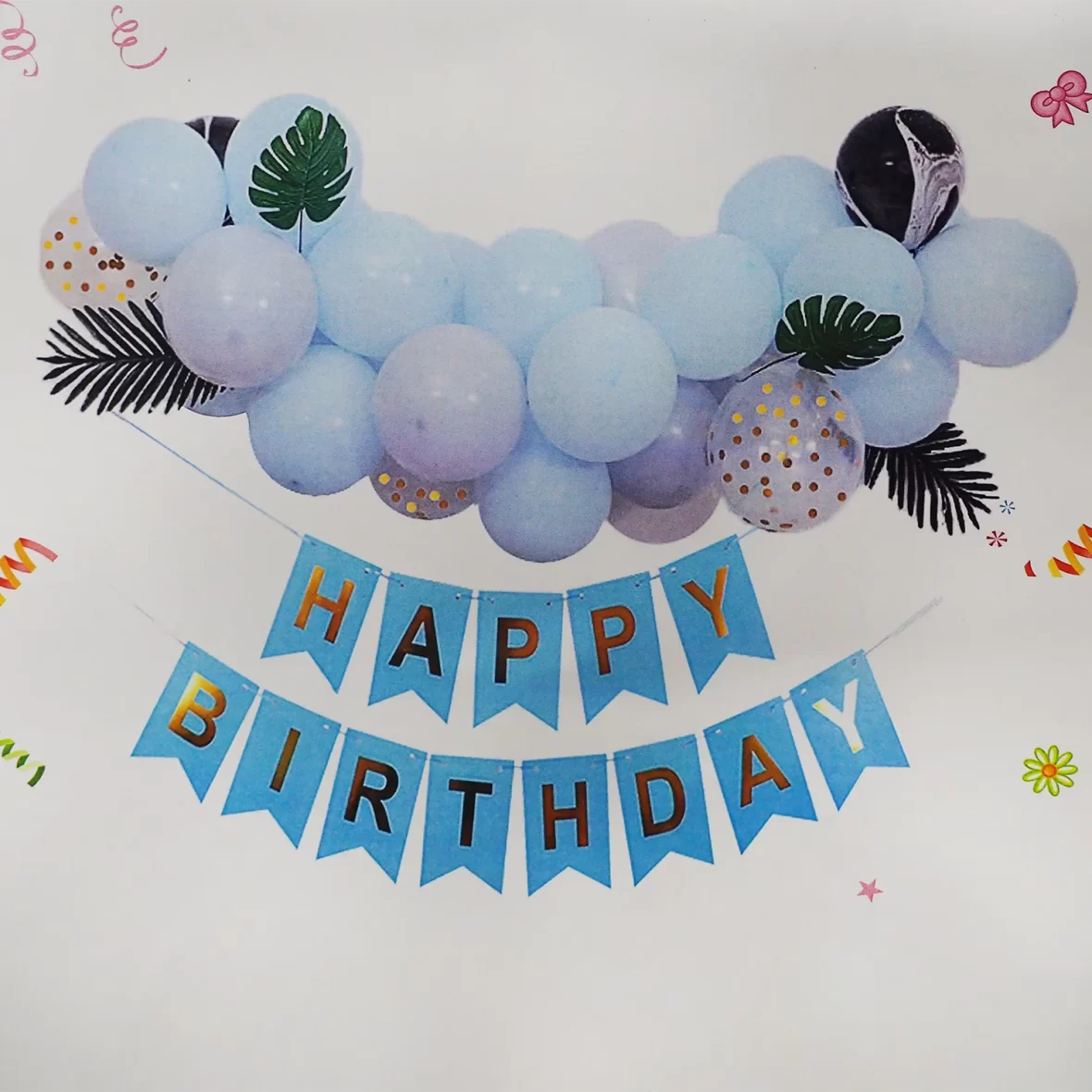 Set aranjament baloane latex cu banner Happy Birthday, ghirlanda stegulete, frunze si accesorii, nuante de albastru cu auriu