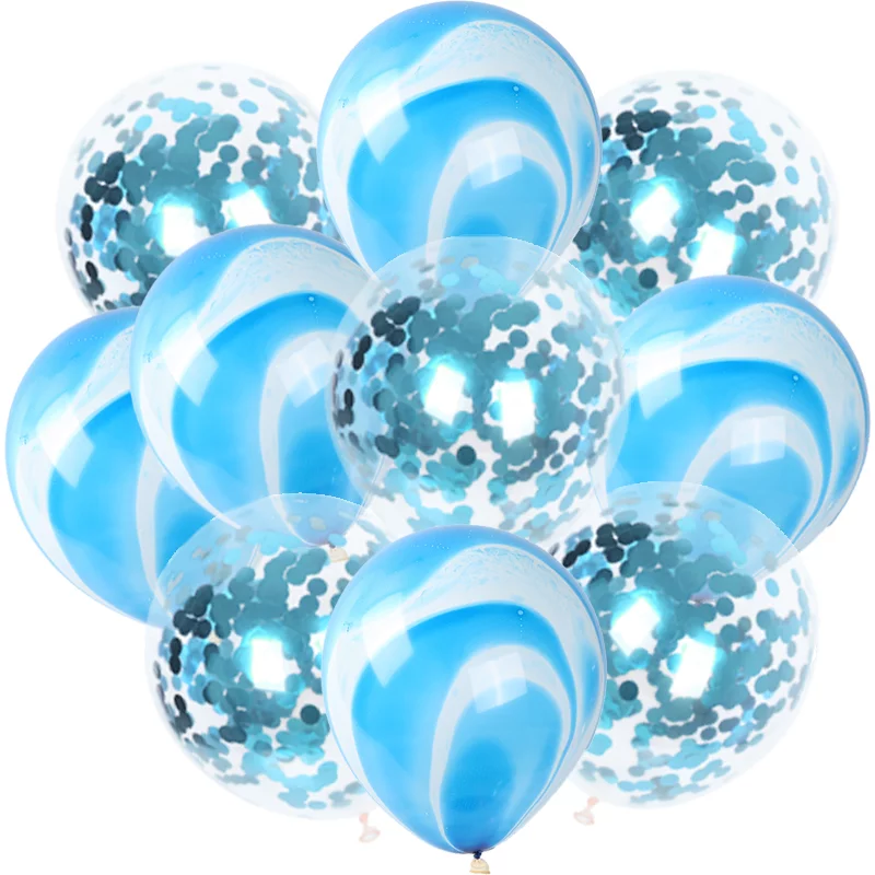 Set aranjament bundle 10 baloane, cu baloane marmorate si confetti albastre