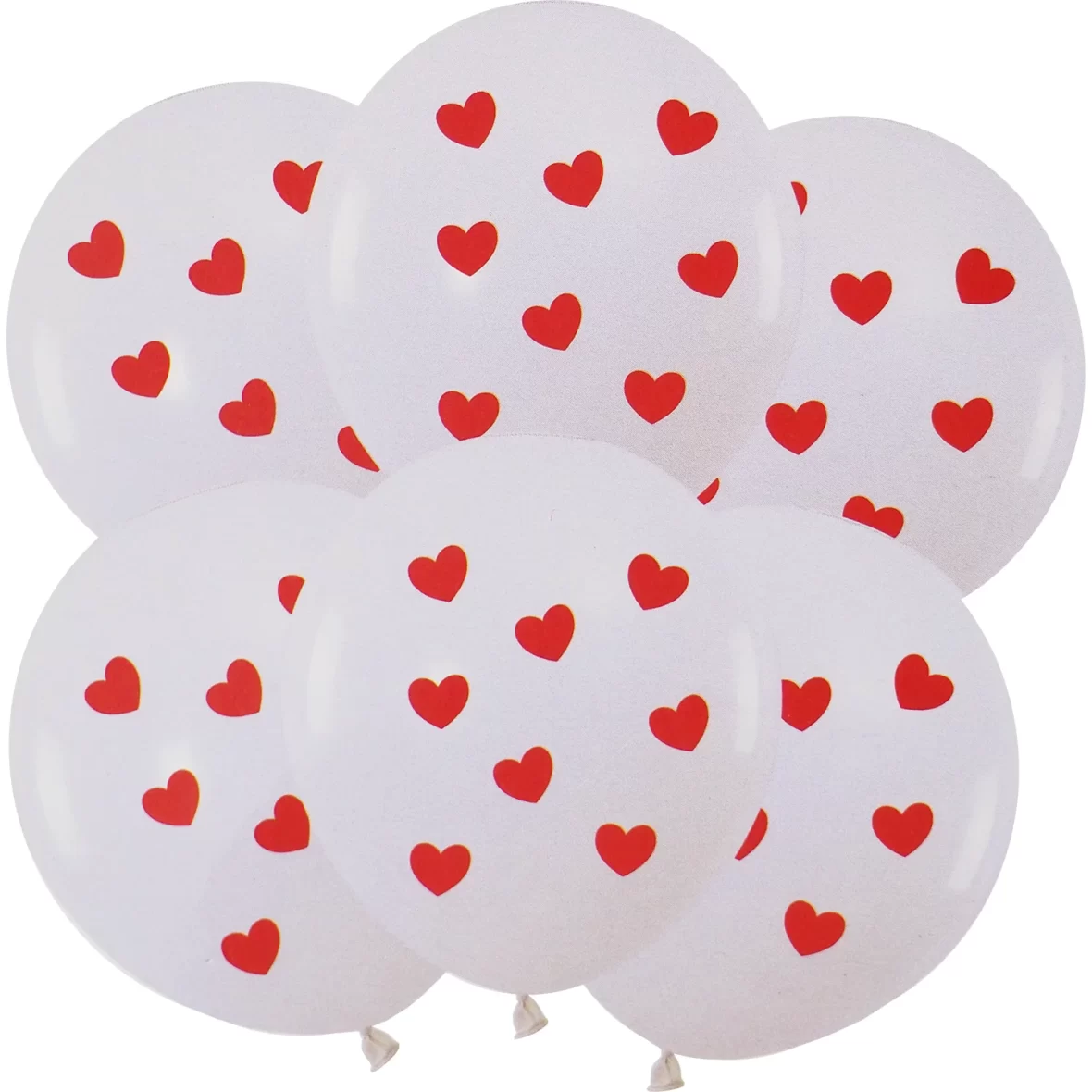 Set 6 baloane latex albe cu inimioare rosii, 30 cm
