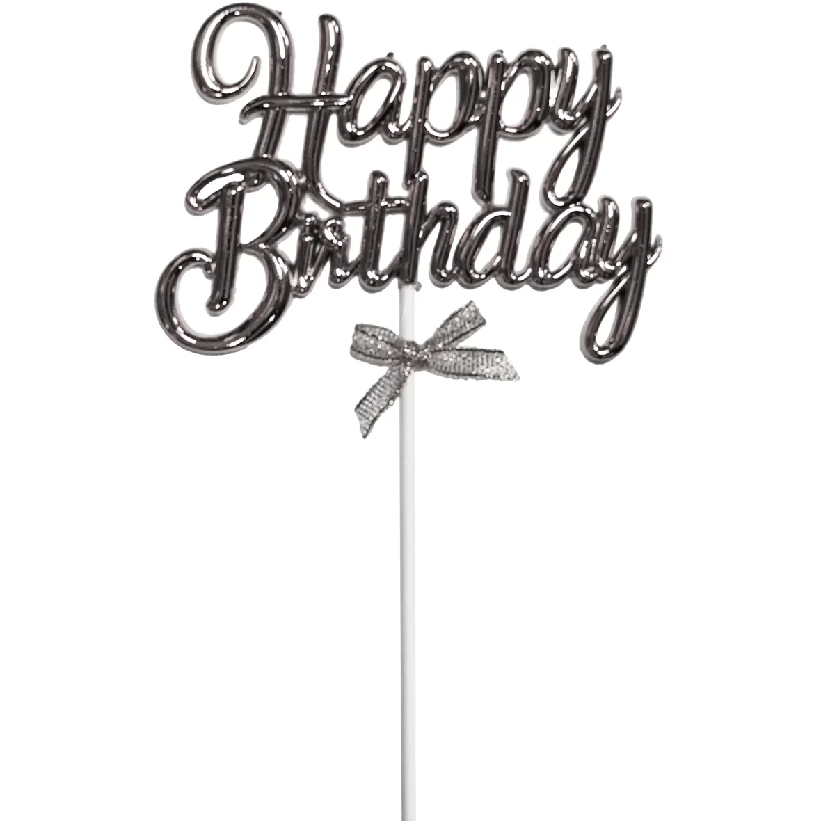 Topper tort Happy Birthday, model cu fundita, argintiu, 12 cm