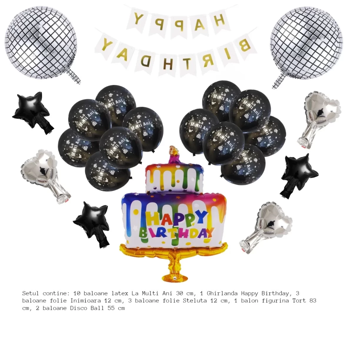 Set aranjament bundle 19 baloane folie si latex Party cu Ghirlanda Happy Birthday