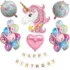 Set aranjament bundle 24 baloane folie si latex Unicorn cu Ghirlanda Happy Birthday